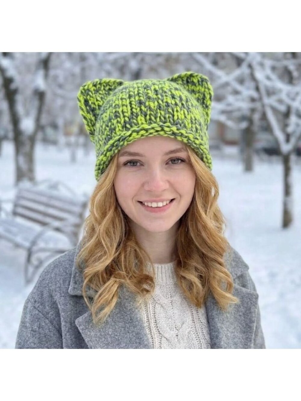 ⭐Chunky Hand Knit Cat Ear Beanie Hat Soft Cozy Green Gray Unisex Winter Cap New